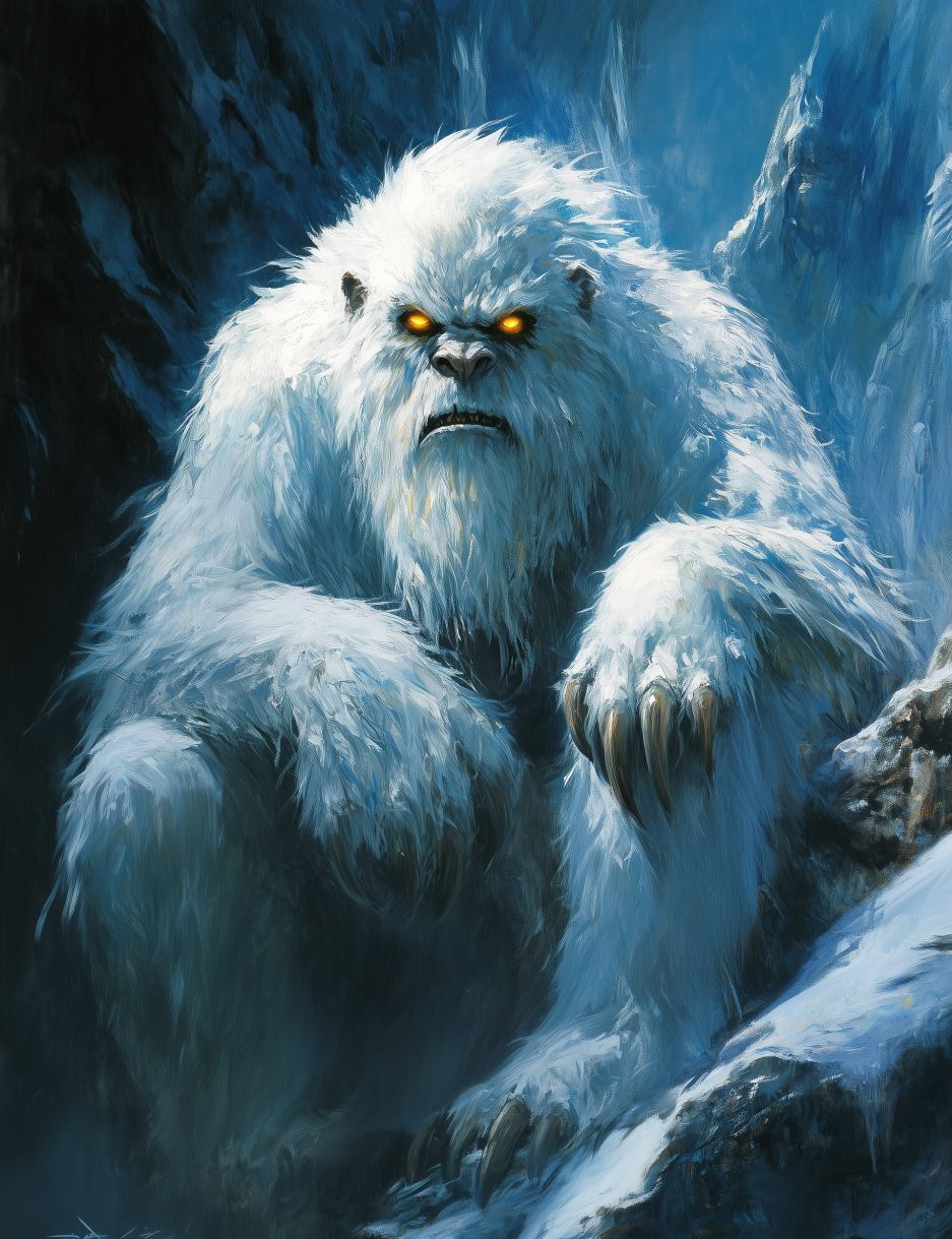Frank frazetta painting of a white yeti with yellow eyes, in a dark blue cave, epic fantasy. --ar 92:119 --s 250 --style raw --v 6. 1
