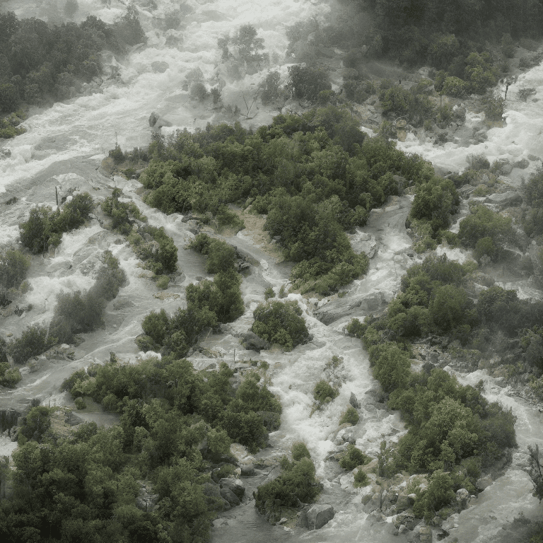 Storm, typhon, rock fill river, litter, rianing, rapid river water, dangerous, endanger, natural disaster , flood , landslide, no human characters, showing the disharmony of nature, crash trees, intricate detail, cinematic lighting, battered, low angle, artstation, 4k, hyper realistic, focused, extreme details, masterpiece, art by studio ghibli, intricate artwork