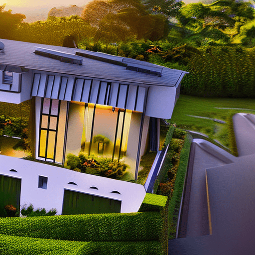 Photo realistic bird view level exterior entrance photo of a classic style house overlooking the jungle, set on a lawn without car park under building, sunset, styling based on norman foster architect