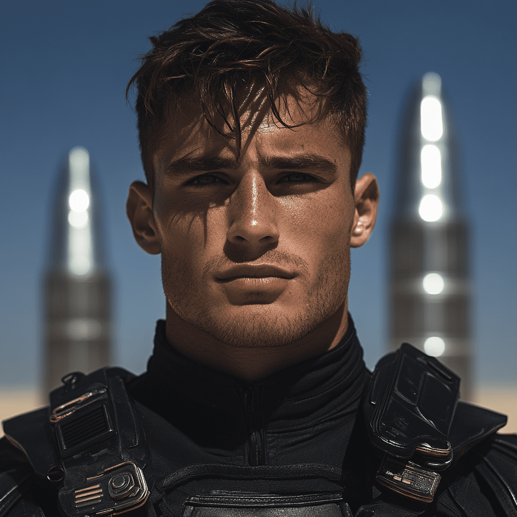 An attractive young man in a black futuristic police uniform, with a background of three silver towers on a desert planet with a blue sky. This is a full-body portrait in a realistic illustration style. --v 6. 1 --stylize 250