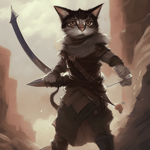 Fantasy illustration of a cat holding a sword, in the style of krenz cushart, utilitarian, skottie young, wandering eye, olive cotton, dau al set in gamification style