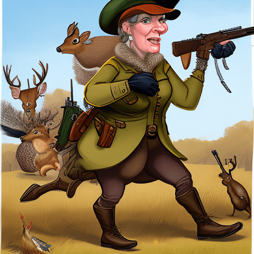 A humorous caricature of a 45-year-old woman on a comical hunting adventure. She’s dressed in exaggerated hunting gear, complete with a wide-brimmed hat and oversized boots. With an intense and determined expression, she aims her oversized, cartoonish rifle at a group of terrified animals. A deer, a flock of pheasants, and even a squirrel frantically flee in all directions, their wide eyes and exaggerated movements adding to the hilarity. The setting is a vibrant forest, full of exaggerated details like trees with faces watching the chaos unfold. The scene bursts with energy and comedic charm.