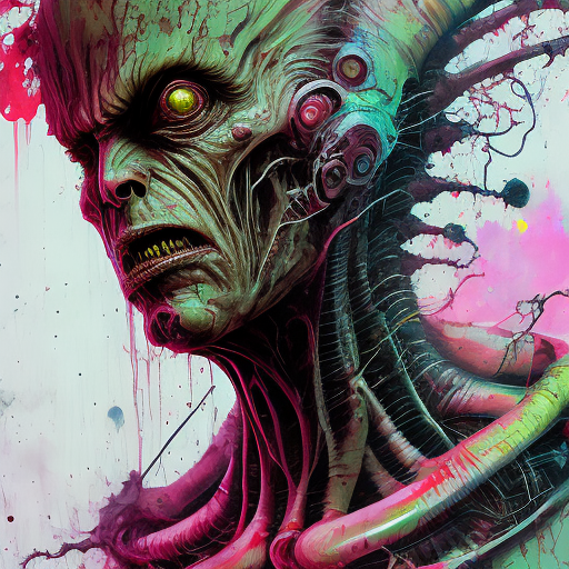 Awesome painting of awe-striking a horrorcore alien by ridley scott, double exposure character, perfect anatomy, centered, epic scene, centered, perfection, dynamic, highly detailed, artstation, concept art, soft sharp focus, illustration, art by carne griffiths and wadim kashin, graffiti airbrush techniques, high definition, accent lighting, contrasted with bright paint colors
