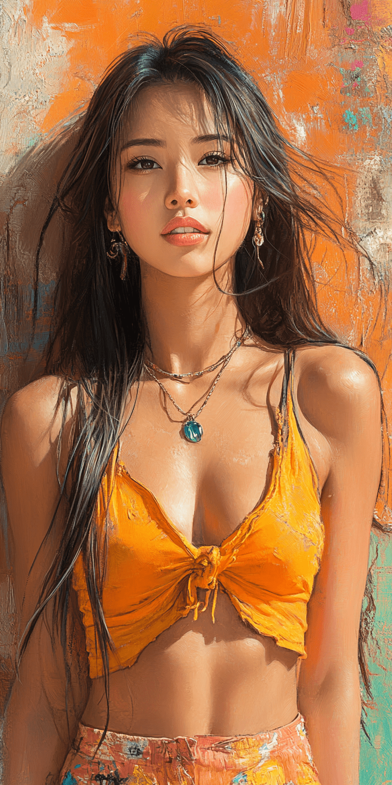 A beautiful drawing of a girl with long hair, in the style of dark orange and dark gray, dmitri danish, marvel comics, diverse color palette, asian-inspired, natalia rak, radiant clusters --ar 1:2 --personalize yruxpc2 --stylize 750 --v 6. 1