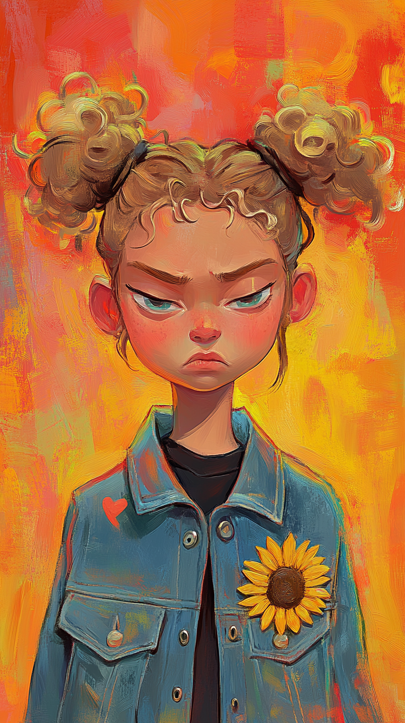 Stylized illustration, girl, curly blonde hair tied into two loose buns, wearing a denim jacket with a small sunflower pin, same lethargic and unimpressed facial expression, background is a warm oranges, reds and yellows, vibrant, sunny atmosphere, character’s expression contrasts with the energetic background, playful juxtaposition in a textured, painterly style, high detail, vibrant colors, soft brush strokes, whimsical yet melancholic tone --ar 9:16 --style raw --stylize 50 --v 6. 1