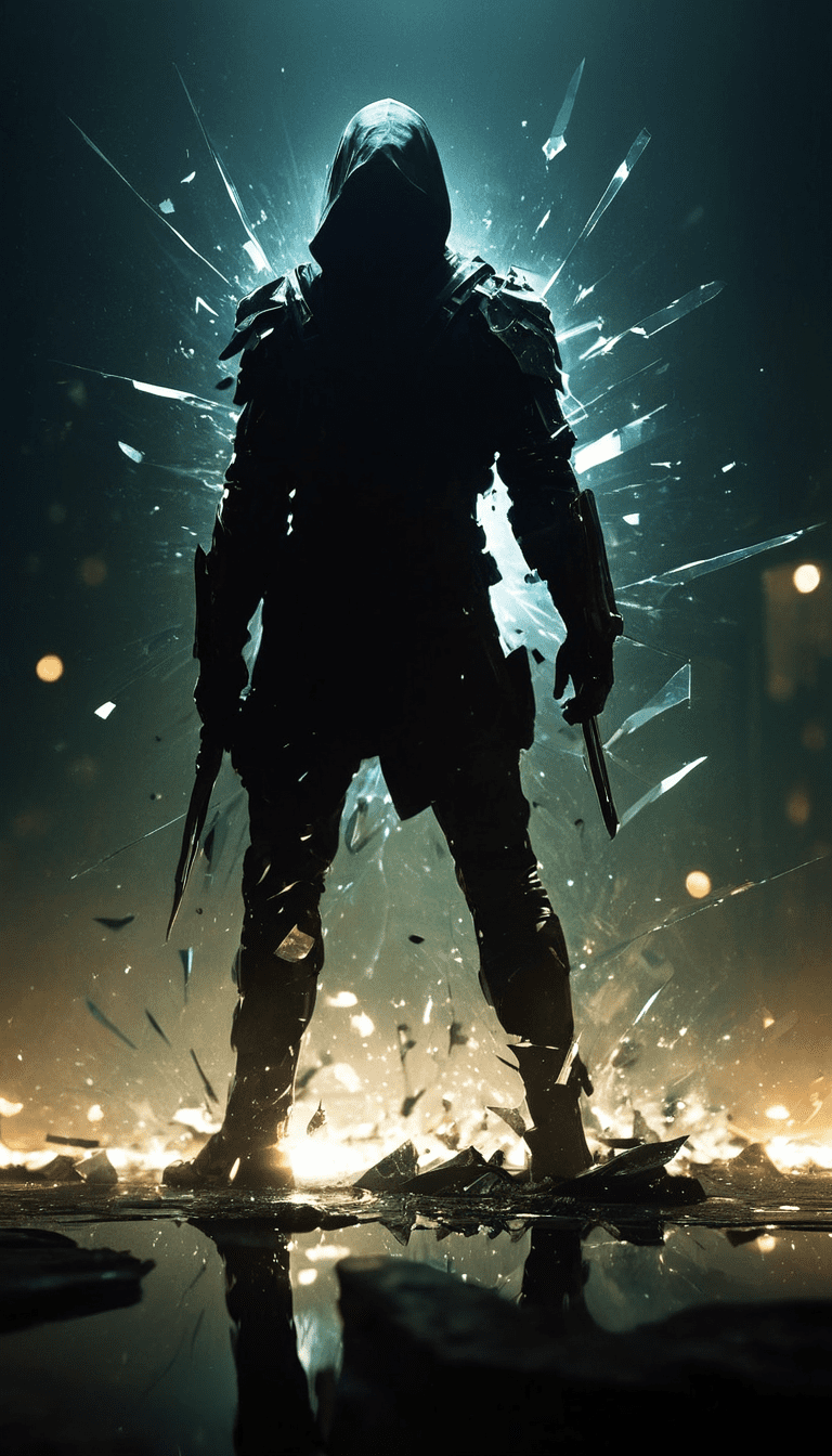 Faceless assasin mysterious figure in hood in the distance, shattered glass in air, sharp detail and dramatic focus, highres, realistic photo, professional photography, cinematic angle, dynamic light back shining, bokeh,