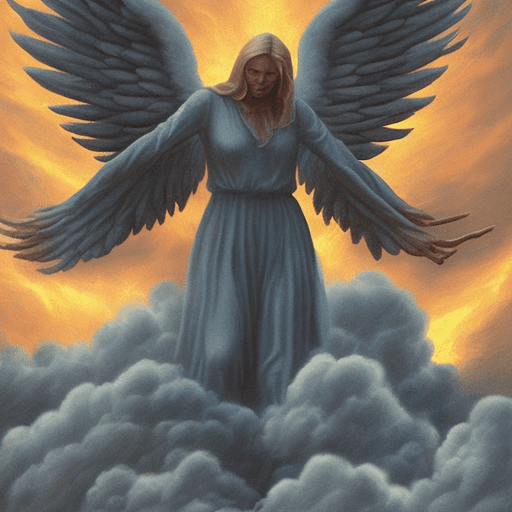 Sorrowful angel flying over a hellscape of climate change ruined earth with donald trump looking angrily up from the ground