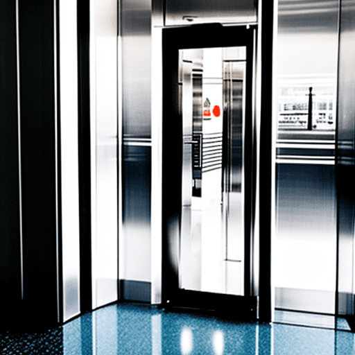 View from a lift, through the partially open doors, to the ground lobby in the background