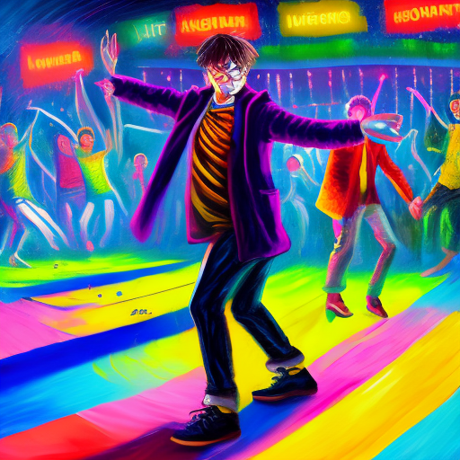 Harry potter dancing in a rave, oil painting, impressionist style, sunny day, vibrant nightclub dance floor in background, ravers on the dancefloor behind harry, vibrant colors, detailed brushstrokes, textured canvas effect, impressionistic technique, high resolution --ar 1:2 --stylize 750