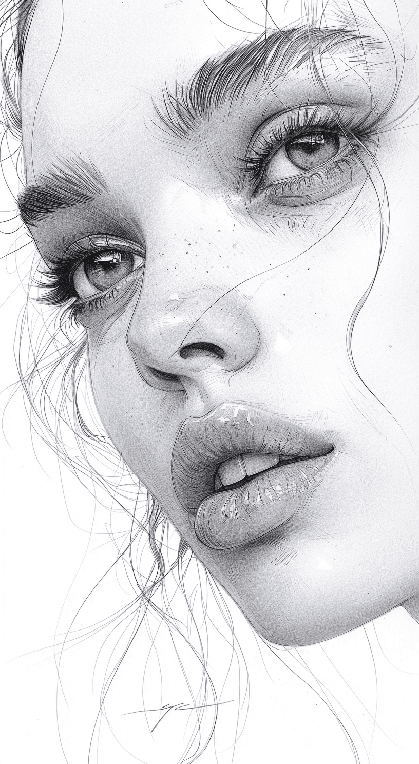 Sketch of a woman's face, expressive line-work, in the style of beautiful portraits --ar 35:64 --stylize 750