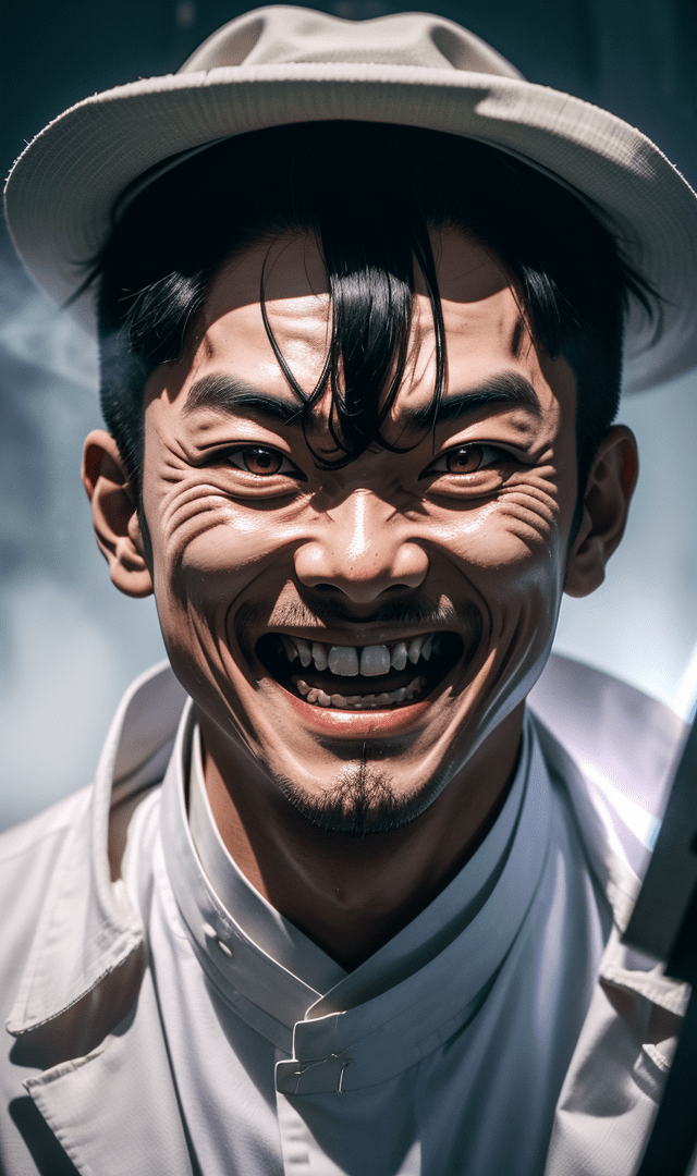Scary korean man in a school , wide mouth with scary sharp theets , wild smile , gazing to the camera , dirty white outfit , scary and dark atmosohere , (sharp theets) , fangs , foggy dark background , insane detailed , hyperdetailed