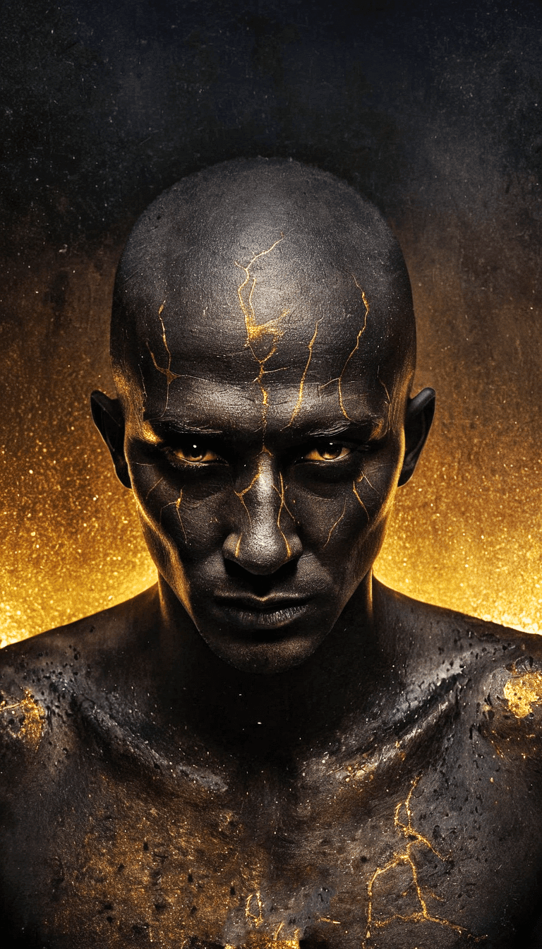 Close up portrait of bald man warrior in style by ben templesmith with glitter gold veins, highres, realistic photo, professional photography, cinematic angle, dynamic light back shining,