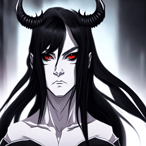 Androgynous character, portrait, black eyes, long hair, black hair, parted hair, demon horns, white skin, pale skin, black robe, anime screencap