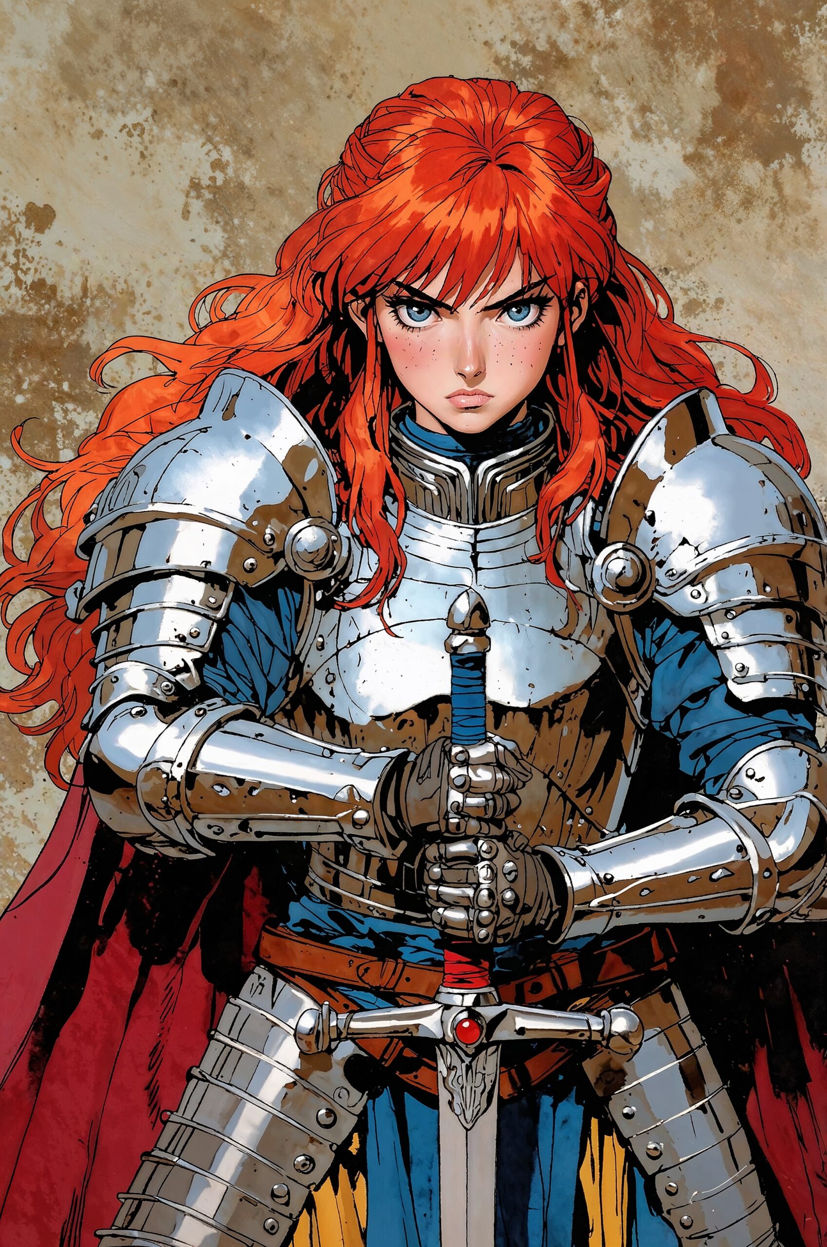 A striking, young and beautiful warrior princess with stunning red hair and piercing blue eyes stands in a guard pose, clad in heavy armor and gripping a greatsword. The ultra-realistic image captures every intricate detail, showcasing the princess's fierce presence and strength. This piece, possibly a digital painting, boasts an unparalleled level of detail, with an 8k resolution that brings the warrior to life in vibrant, lifelike colors.