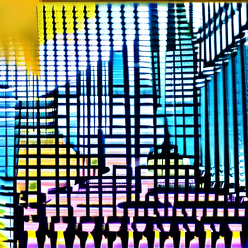 Top view of a surreal digital illustration featuring a humanoid with a yellow head, thin vertical poles, and distant silhouettes on the right. Abstract, floating structures enhance the landscape, high contrast, vivid saturation, and balanced exposure create a dreamlike vibe, focusing on geometric shapes and bold colors