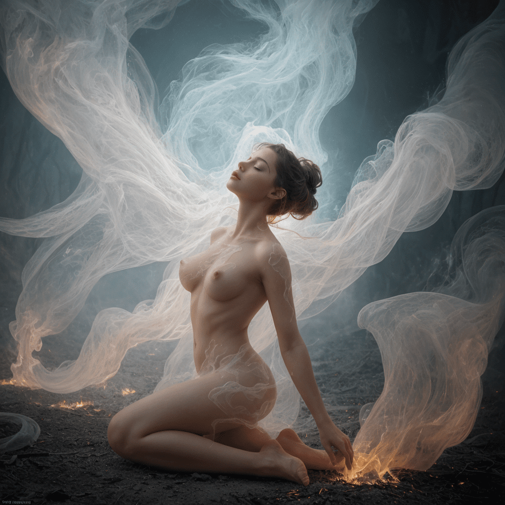 A fine art, hyper-realistic, cinematic image of a nude, ethereal ghostly woman, her figure bathed in soft, glowing light as she hovers gracefully in the air. She is surrounded by swirling, translucent flames that catch the light and move like smoke or mist (swirling flames moving like mist or smoke:1. 5) , creating dramatic godrays filtering through the scene. Her ghostly form is partially translucent, with only hints of her delicate, soft contours visible, as though she is made of pure fire and light.