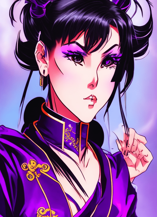 80s anime style chun li, full body, standing, solo, adult woman, goth, wearing a complete purple kimono, detailed purple eyes, eyeshadow, eyeliner, glowing lipstick, bangs, sidelocks, handsome, wistful, sorrowful expression, ear piercing, looking at viewer, posed elegantly.