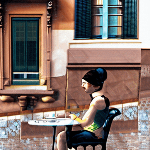 "girl with a pearl earring" modern digital photograph, in italy, sitting at an outdoor cafe looking at her cellphone, latte sitting on the table