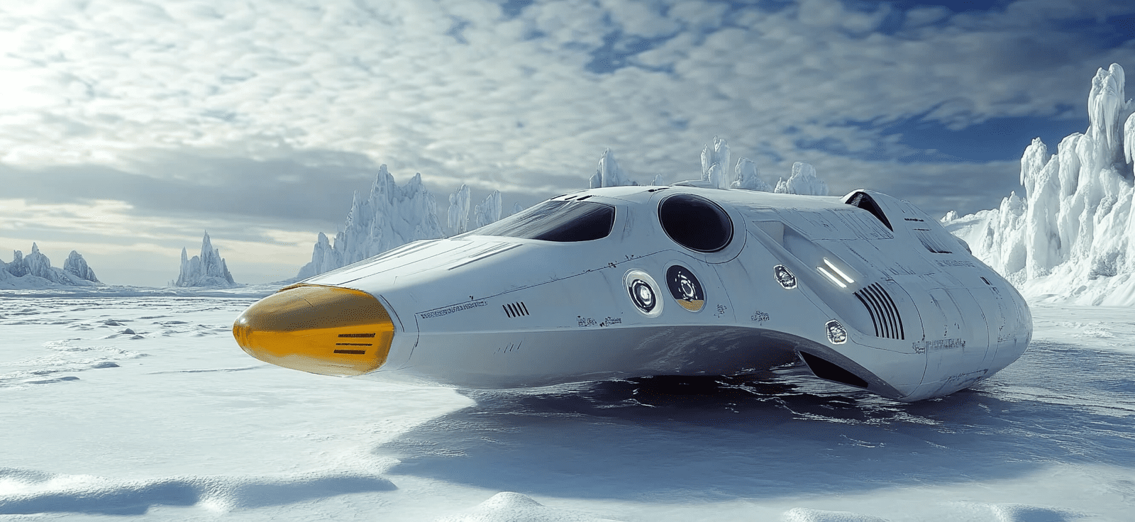 A white and yellow futuristic spaceship landing on the surface of an icy, cinematic, and realistic scene, created in the unreal engine. --ar 128:59 --v 6. 1