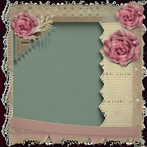 A vintage scrapbook layout with faded calligraphic writing, lace border and vintage pink and cream roses, negative space for personalisation.