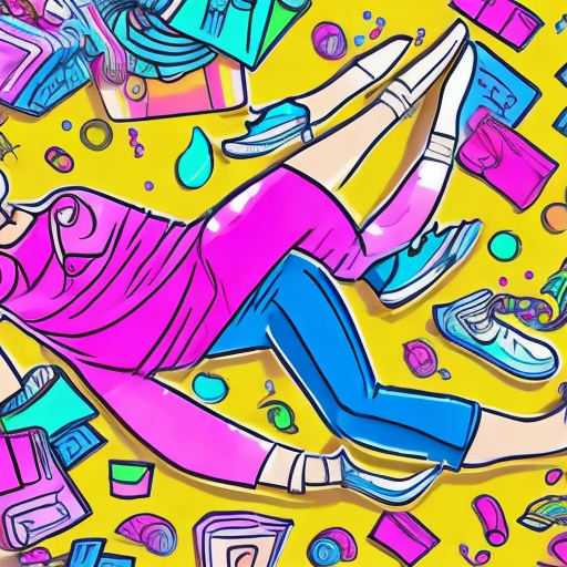 Create a vibrant and fun icon featuring a joyful character lying on the floor, appearing exhausted yet incredibly happy, surrounded by a chaotic pile of colorful shopping bags. The character should have a big smile and sparkling eyes, with dynamic hair in bright colors like pink or blue. They are wearing a stylish outfit, such as a sunny yellow top with neon pink pants or an electric blue dress. The shopping bags should vary in size and design, with bold patterns like stripes and polka dots, primarily in neon pink, electric blue, and sunny yellow. Include details like contrasting colored handles and items spilling out of the bags, such as shoes and clothes, to enhance the shopping theme. Use bold, playful lines to outline the character and bags, giving the icon a cartoonish appearance. The background should be minimal but vibrant enough to highlight the main elements, perhaps with a soft pastel gradient to make the neon colors pop. Capture a sense of joyful chaos, portraying the excitement of shopping while ensuring the overall design is simple yet fun.