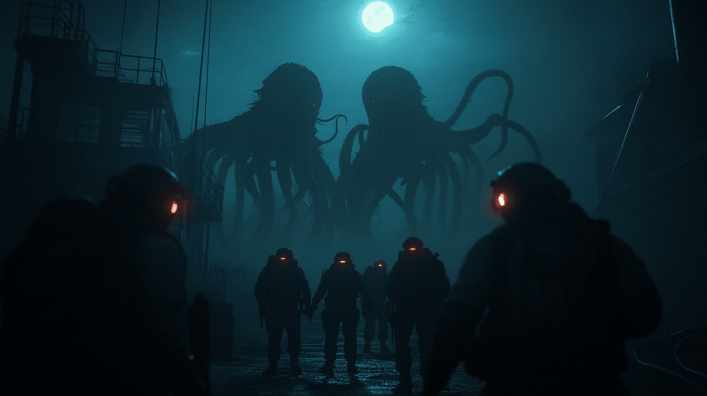 In the style of video game concept art, a dark and gritty sci-fi setting. A small group of armed guards with glowing visors stand on an abandoned cargo ship deck at night. They face the camera, ready to fight off two large robots that have tentacles and hatchets in their hands. The scene is illuminated by dramatic lighting from above, creating deep shadows between the characters and the environment. There is no visible light source other than the moonlight. --ar 16:9 --v 6. 1 --stylize 250