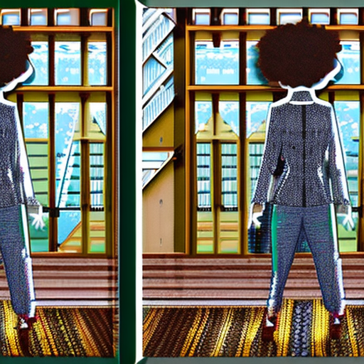 A japanese woman wearing a blue shirt and long dark green pants is standing in front of an old wooden house with a straw roof. She has an afro hairstyle. The background features a snow-covered field and forest. A large umbrella sticks out from inside the room to shield her from the sunlight. The image is photo-realistic.