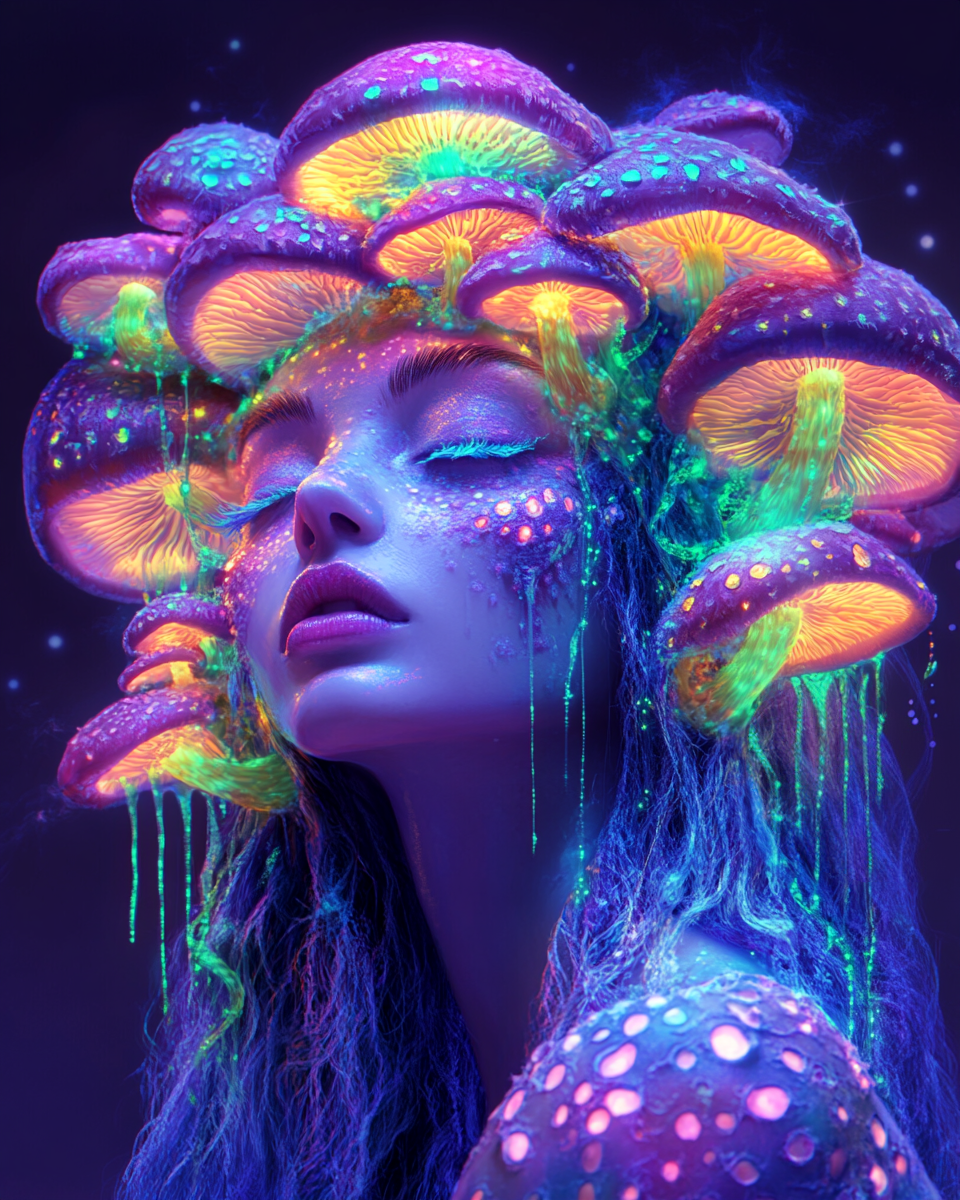 A portrait of an alien woman with hair made out of mushrooms, purple background, neon green and blue colors, by james jean and natalia rak, pop art illustration style, dripping liquid paint effect, hyper-realistic details, high resolution, hyperrealism, colorful and vibrant, detailed character design, intricate composition, highly detailed illustration, dreamy atmosphere, fantasy elements, surrealism, psychedelic --ar 4:5 --s 550 --v 6. 1