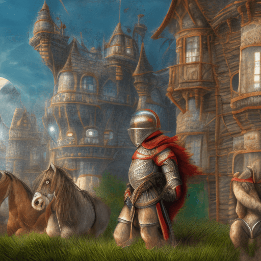 Hyperrealistic knight monkey in the middle age, he is sittin, in the background horses and knights are passing by. The background is a midle age city. Photorealistic