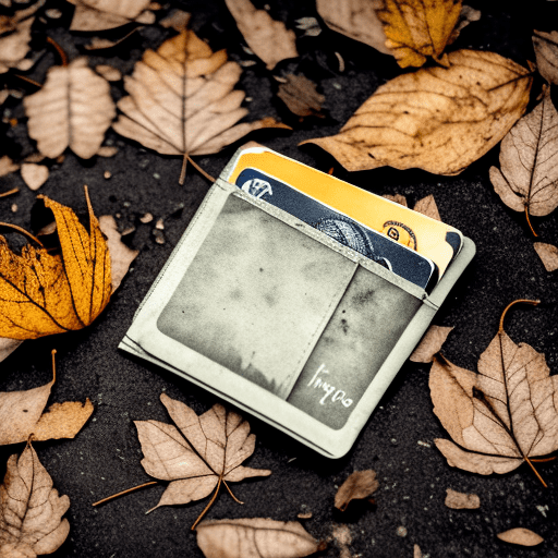 Dry dusty leaves under an open abandoned wallet lying on the ground style: goth