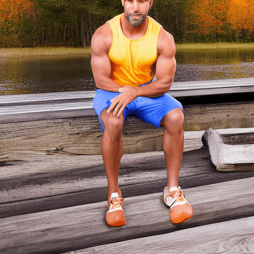 Create a hyper-realistic image of a 35-year-old fitness man with an athletic and well-defined physique, sitting on a wooden dock. The man has short dark hair and is wearing a sleeveless shirt and athletic shorts. The scene takes place during a sunset in an autumn landscape, where the trees are filled with leaves in warm shades of orange, red, and yellow. In the sky, the planet venus shines brightly, resembling a full moon, adding a magical touch to the atmosphere. The sunlight reflects off the calm water of the lake, creating a shimmering golden effect. Camera technical details: aperture: f/2. 8 for a softly blurred background that highlights the man in the foreground. Shutter speed: 1/125 seconds to capture the scene clearly, avoiding motion blur. Focal length: 50 mm for a natural framing that captures both the man and the beautiful background landscape. Make sure the lighting is warm and soft, with elongated shadows that add depth to the image. The composition should be balanced, with the man on the left side of the frame and the autumn landscape and planet venus occupying the rest of the space.