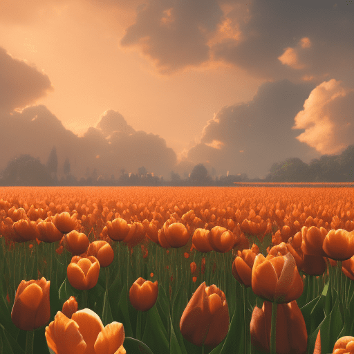 Photo of a ultra realistic field of orange tulip flower, dramatic light, pale sunrise, cinematic lighting, low angle, trending on artstation, 4k, hyper realistic, focused, extreme details, unreal engine 5, cinematic, masterpiece, art by studio ghibli, intricate artwork by john william turner