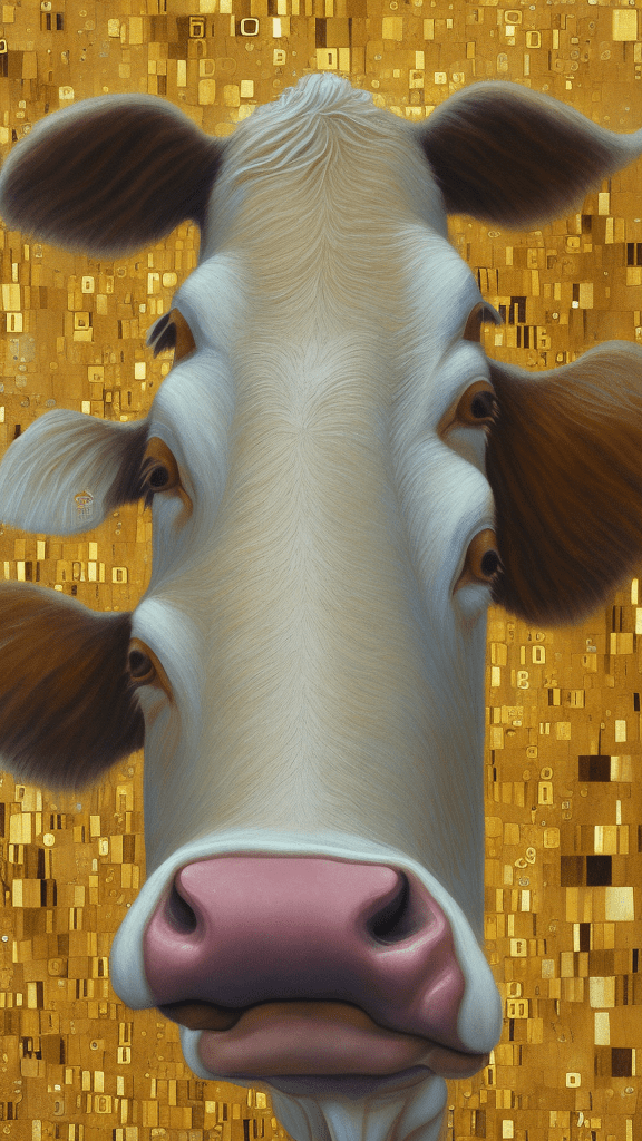 A soft and breathtaking detailed painting of a sleeping cow in the style of gustav klimt, , shiny gold, elegant, highly detailed, artstation, concept art, matte, sharp focus, art by picasso