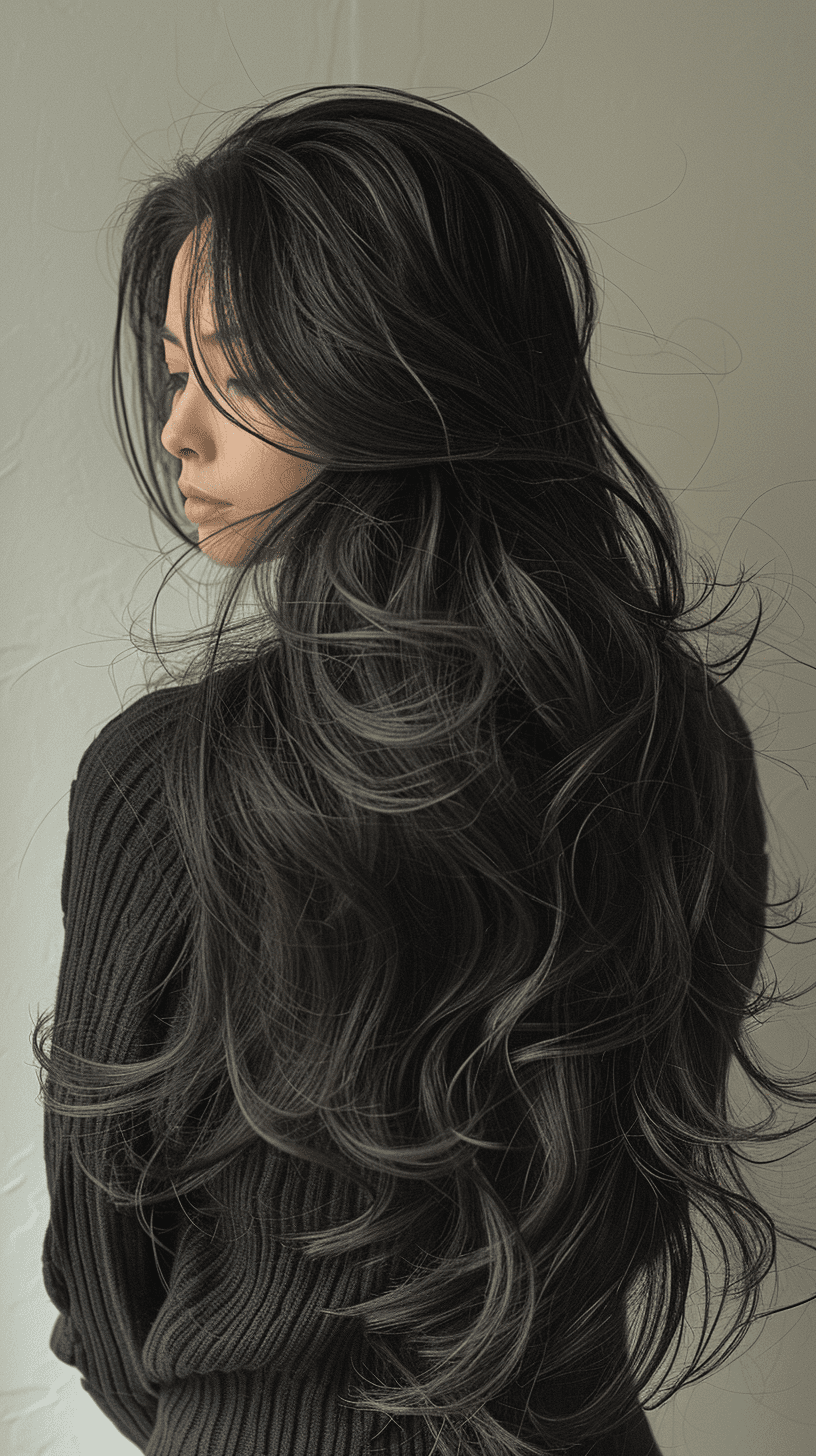Woman with beautiful long brown hair, in the style of kenro izu, meticulous technique, magewave, hallyu, minimalist sets, dark white, uhd image --ar 71:126 --stylize 750 --v 6