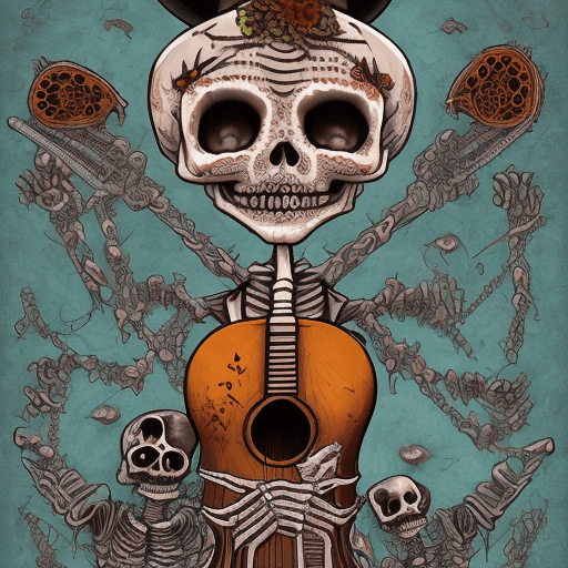 Dead dancing katrina with mariachi skeleton guitar band undead kittens cats cemetery dark horror tomb coffin