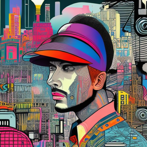 Drawing with a multi-colored hat, in the style of gloomy metropolises, pop culture mash-up, intricate illustrations, industrial forms, bold character designs, poster art, ray tracing --ar 36:55 --stylize 750