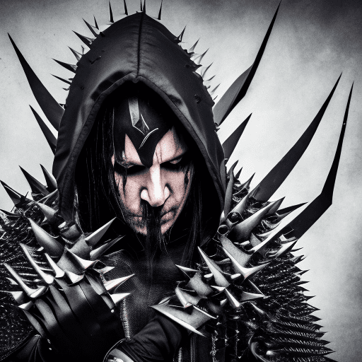 8k photography high definition full body portrait of a black metal singer wearing spikes especially a hood torn apart by the spikes on his armor