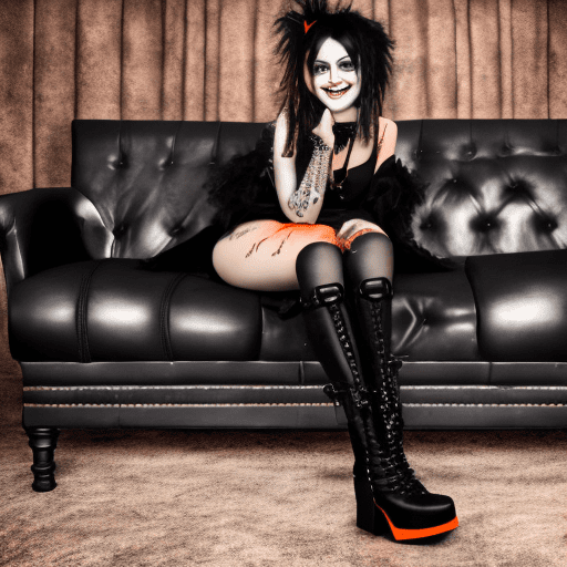 An ultra realistic photo of a gothic punk girl, black dress, orange knee-high platform boots. Smiling while sit in a couch and speaking. Full body image, 32k, 64 megapixels, hdr, photorealistic, intricately detailed, dslr, sharp focus, high contrast, masterpiece, perfect composition