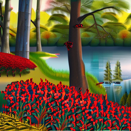 A forest with a lake and wild animals and red flowers