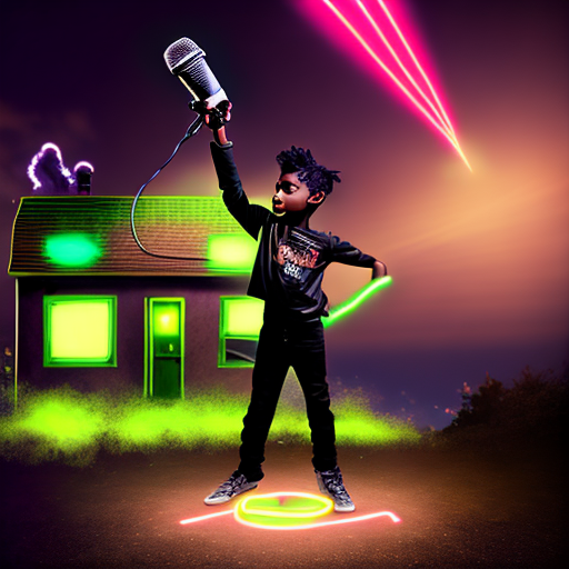 Photo of a brown skin boy rockstar with metallic outfit, very short black faded hair, holding microphone and blowing green smoke in the air with held looking to sky, standing on top of old abandoned boarded trap house with “open 24/7” neon lit sign dangling from roof, ufo lights beam from above onto boy, abduction, cinematic lighting, dark moon lit night, long angle, trending on artstation, 4k, hyper realistic, focused, extreme details, unreal engine 5, cinematic, masterpiece