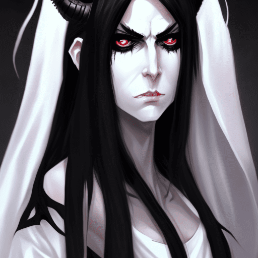 Androgynous character, portrait, black eyes, long hair, black hair, parted hair, demon horns, white skin, pale skin, black robe