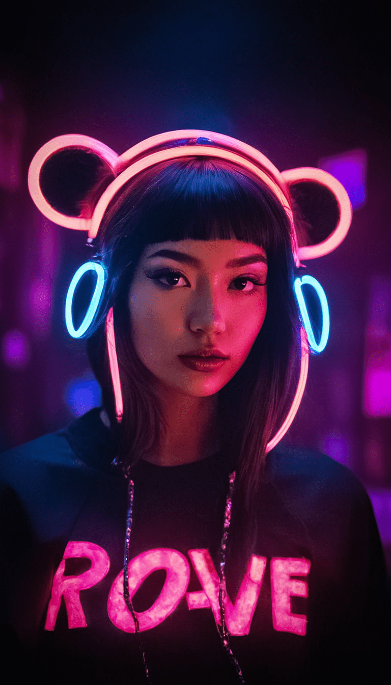 Fashion editorial, a beautiful blackhaired asian woman in abstract headphones with pink and blue neon lights in night club, highres, realistic photo, professional photography, cinematic angle, dynamic light back shining,