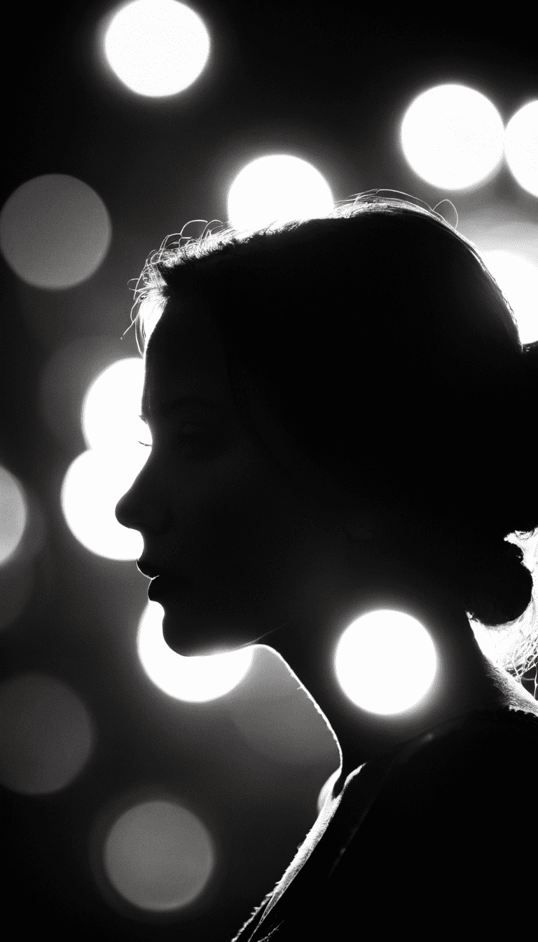 Black and white photography, fashion editorial, a silhouette of a beautiful woman is surrounded by enchanting bokeh lights, highres, realistic photo, professional photography, cinematic angle, dynamic light back shining, bokeh,