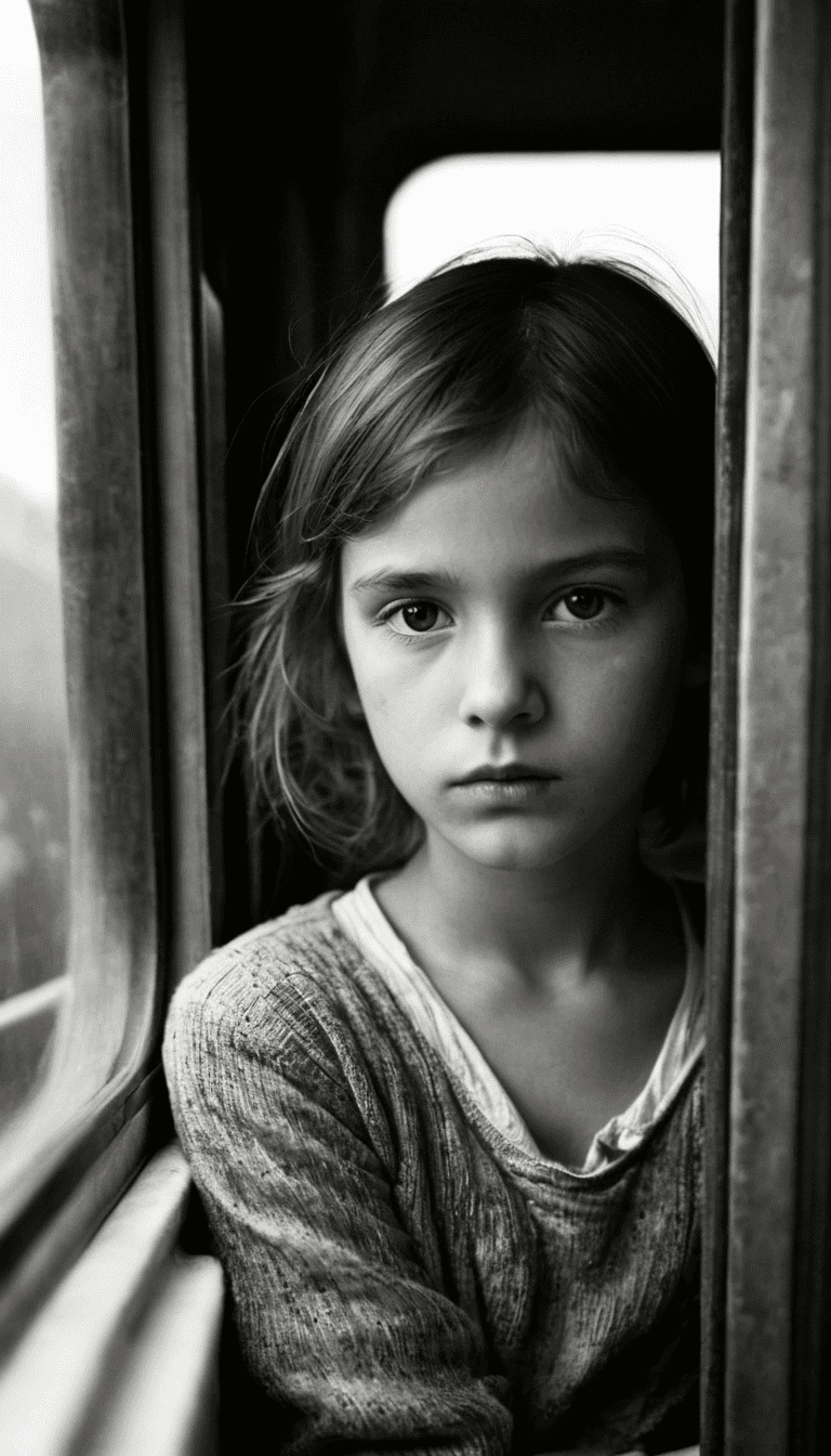 Black and white photography, young girl in old train cabin sadly looks on camera, highres, realistic photo, professional photography, cinematic angle, dynamic light back shining, bokeh,