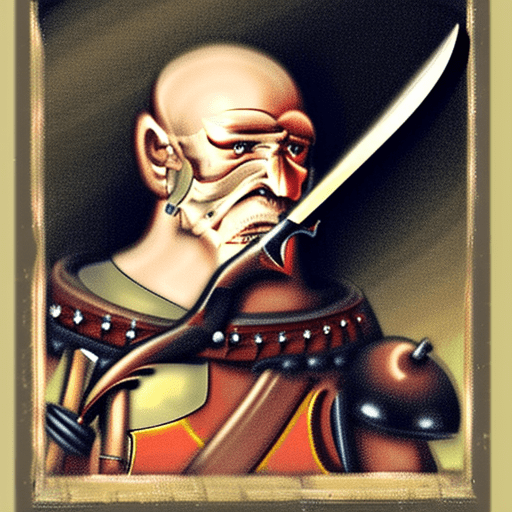 Portrait of a mid-age warrior with a longsword and a roundshield in the style of the dark eye