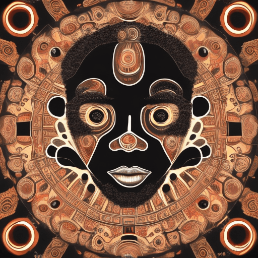 Old african man's face, very black white eyes glowing red, very cute character, close-up, ink art concept, with typography elements, abstract, complementary colors, character mosaic, wallpaper style, simplicity, chinese painting, colorfull background