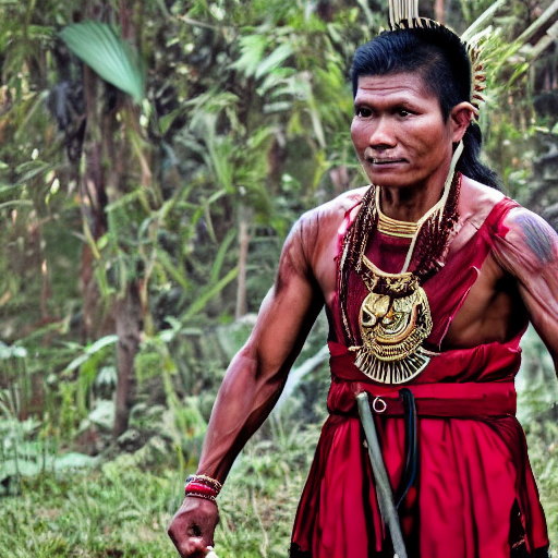 Create an epic full body image a powerful indonesian warrior from the majapahit era, around 40 years old, stands with an authoritative aura. Medium height with a muscular body, shoulder-length wavy black hair, and sharp dark brown eyes. He wears a black beskap with gold ornaments on his shoulders, a red cloth belt around his waist. His face is square with a strong jawline and thick eyebrows, showing determination and strength. He stands on a stage in the palace hall, he bows his body in respect to his king. The scene is surrounded by soft torchlight, casting shadows that add to the mysterious impression. Should be shown from head to toe ar 9:16, in the background you can see the grandeur of the interior of the majapahit palace with its floors made of glossy wood, typical hyper-realistic, 8k, cinematic,