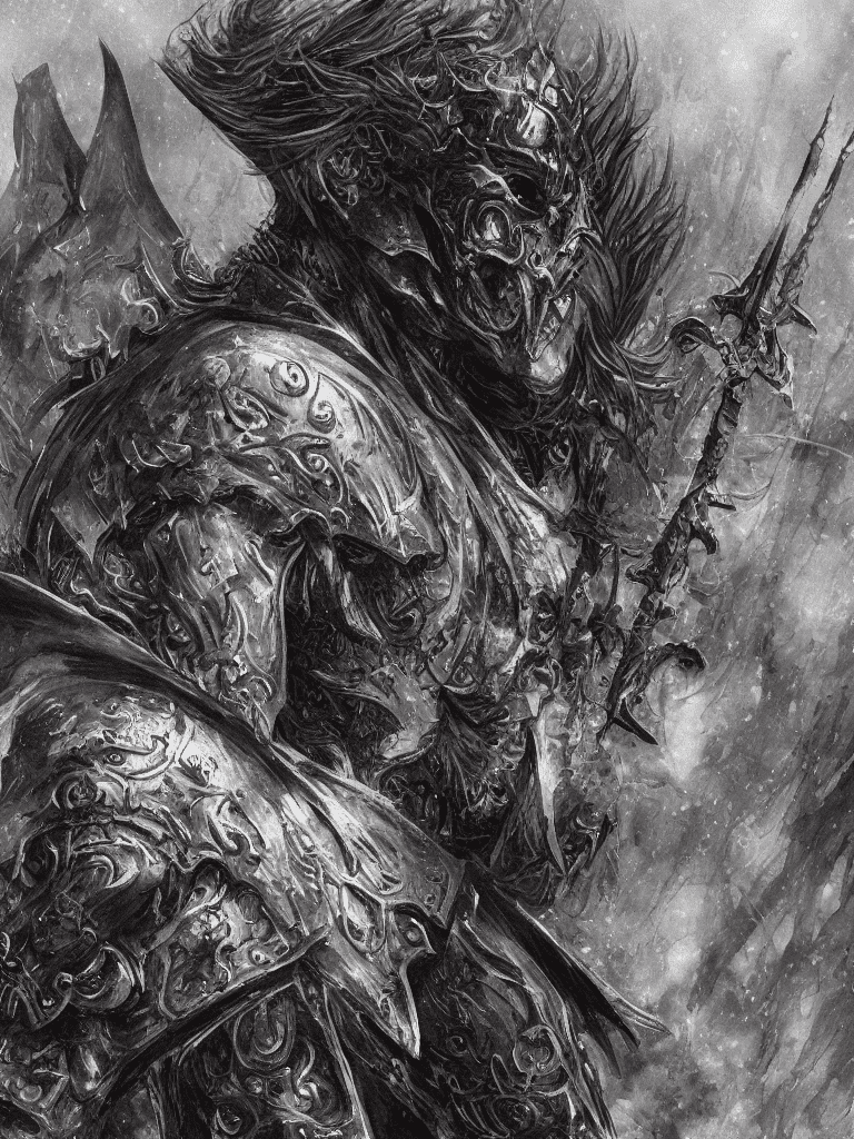 Medium close up, stunning illustration of a demonic warrior in black medieval armor, masked face, cloak, epic composition, proud, stormy weather, foggy, dark fantasy, gloomy, dramatic, emotional depth, absurdres, maximum details, by milo manara and russ mills, detailed illustration, 8k, very intricate, insanely detailed
