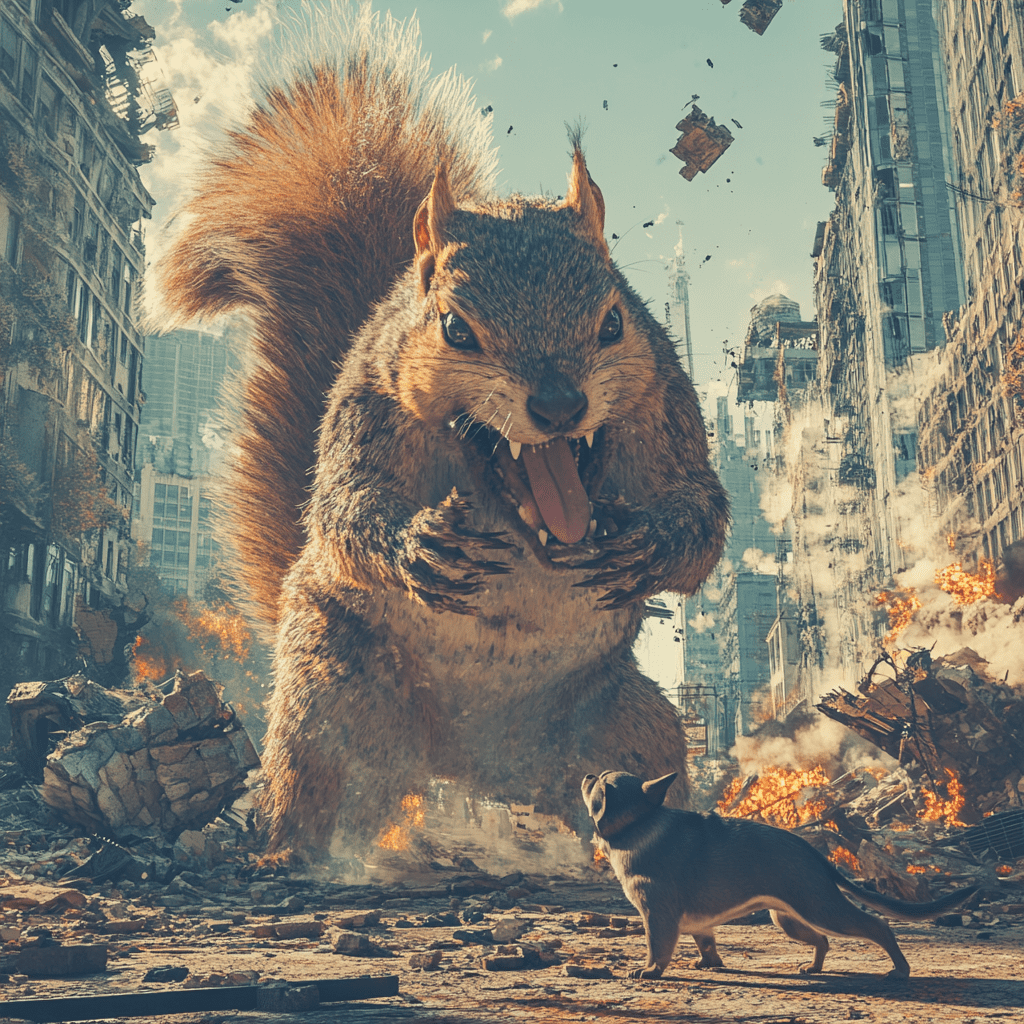 A huge squirrell fights a dog in a destroyed city, beeple style, donkey kong vs godzilla inspiration