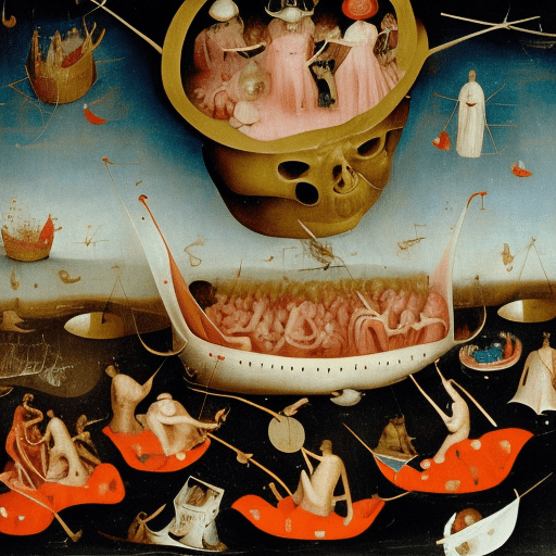 A rose in a ship of fools , floating in hell by hieronymous bosch & miles davis